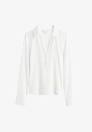 Fehér, hosszú ujjú pólóing gombos kivágással, bordázott textúrával és klasszikus gallérral. Puha anyag, lazán szabott fazon.