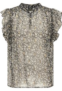 Blouse noire transparente avec imprimé floral en blanc et or, mettant en avant des manches courtes volantées et un col à boutons. Tissu léger.