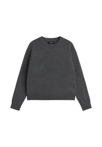 Dunkelgrauer Pullover aus weichem Stoff, mit Rundhalsausschnitt, langen Ärmeln und gerippten Bündchen und Saum, im entspannten Schnitt.