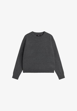 Dark gray sweater made of soft fabric, featuring a crew neckline, long sleeves, and ribbed cuffs and hem, with a relaxed fit.