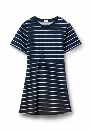 Marineblaues Kurzarmkleid mit weißen, horizontalen Streifen, Taillenzugband, rundem Ausschnitt und knielangem Saum.