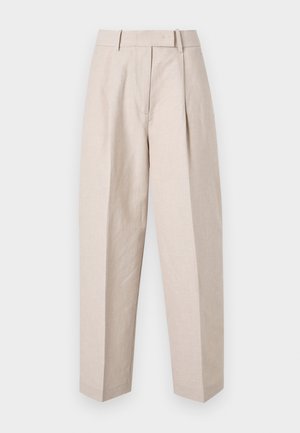 Beige linen trousers with a high waist, featuring pleats, a tapered leg, and no visible fastening hardware or patterns.