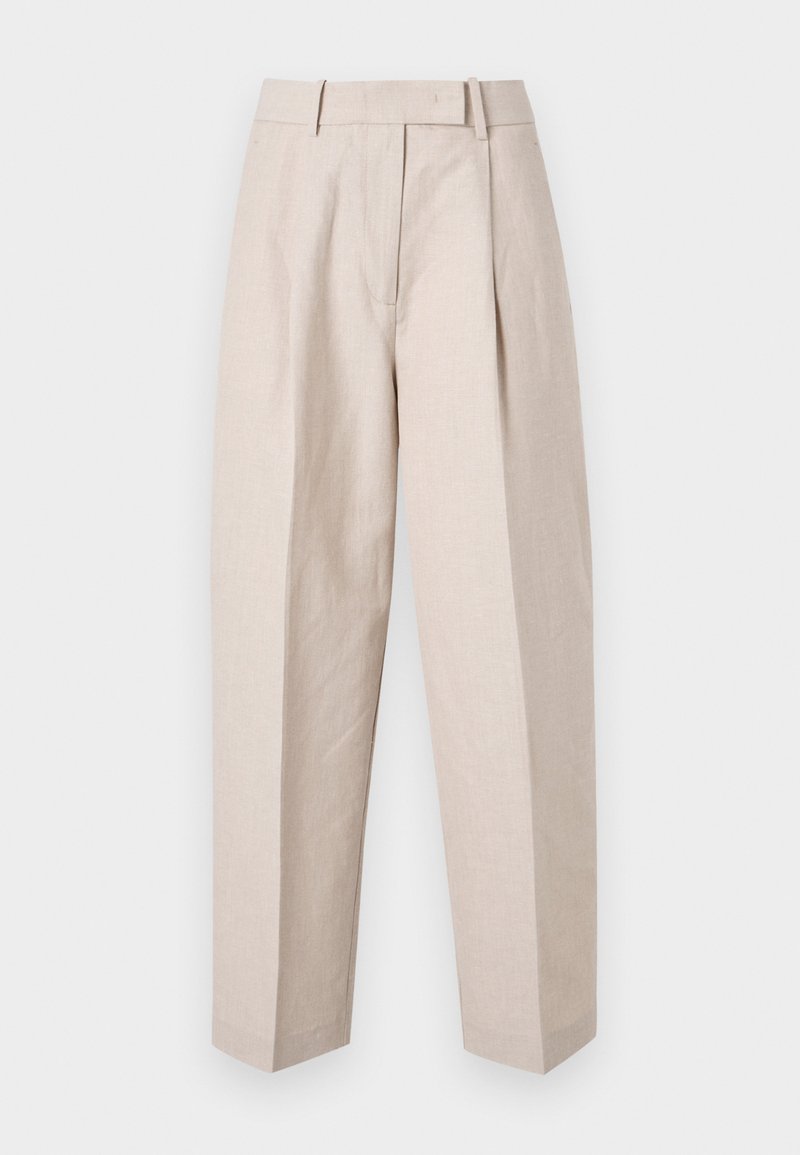 Beige Leinenhose mit hoher Taille, mit Falten, schmalem Bein und ohne sichtbare Verschlussmechanismen oder Muster.