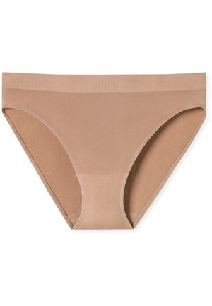 Culottes de bikini en mélange de coton beige avec une texture lisse, une large ceinture élastique et un design à couvrance moyenne. Pas de motifs ni d'accents visibles.