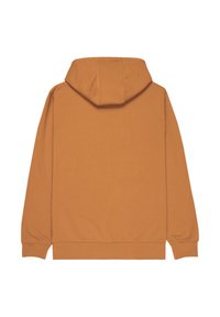 Sudadera con capucha marrón lisa vista desde atrás con mangas largas, capucha y puños y dobladillo acanalados.