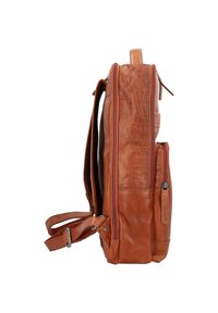 Lo zaino in pelle marrone presenta una superficie texturizzata, con doppie cerniere e spallacci regolabili. Tasca laterale con dettaglio a zip visibile.