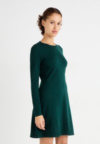 Μακρυμάνικο, σκούρο πράσινο πλεκτό φόρεμα με μαγούλα λαιμόκοψη και φαρδιά φούστα, που διαθέτει λεία υφή και ελάχιστες ραφές.