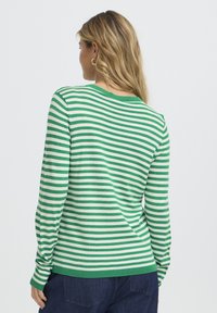 Pull à rayures vertes et blanches avec manches longues, col et poignets côtelés, fabriqué en matière douce, avec une coupe décontractée et peu de détails.