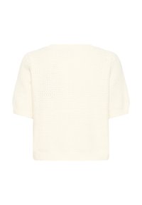 Valge lühikeste varrukatega kootud kampsun tekstuurse mustriga ja soonikkoes äärega. Tagaküljel on lihtne ja puhas disain.