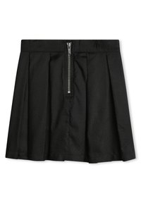 Czarna spódnica typu skater z zapięciem na zamek, z geometrycznym wzorem tekstury w całej objętości, w kształcie rozszerzanym i gładkim wykończeniu materiału.