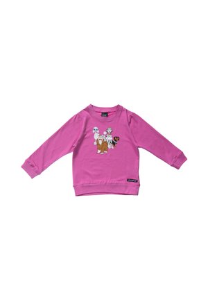 Sudadera rosa de manga larga para niños con ilustraciones de cuatro razas de perros diferentes en el frente y una pequeña etiqueta de la marca cerca del dobladillo.
