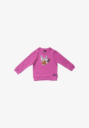 Rosa Kinder-Sweatshirt mit langen Ärmeln, vorne mit Illustrationen von vier verschiedenen Hunderassen und einem kleinen Markenlabel in der Nähe des Saums.