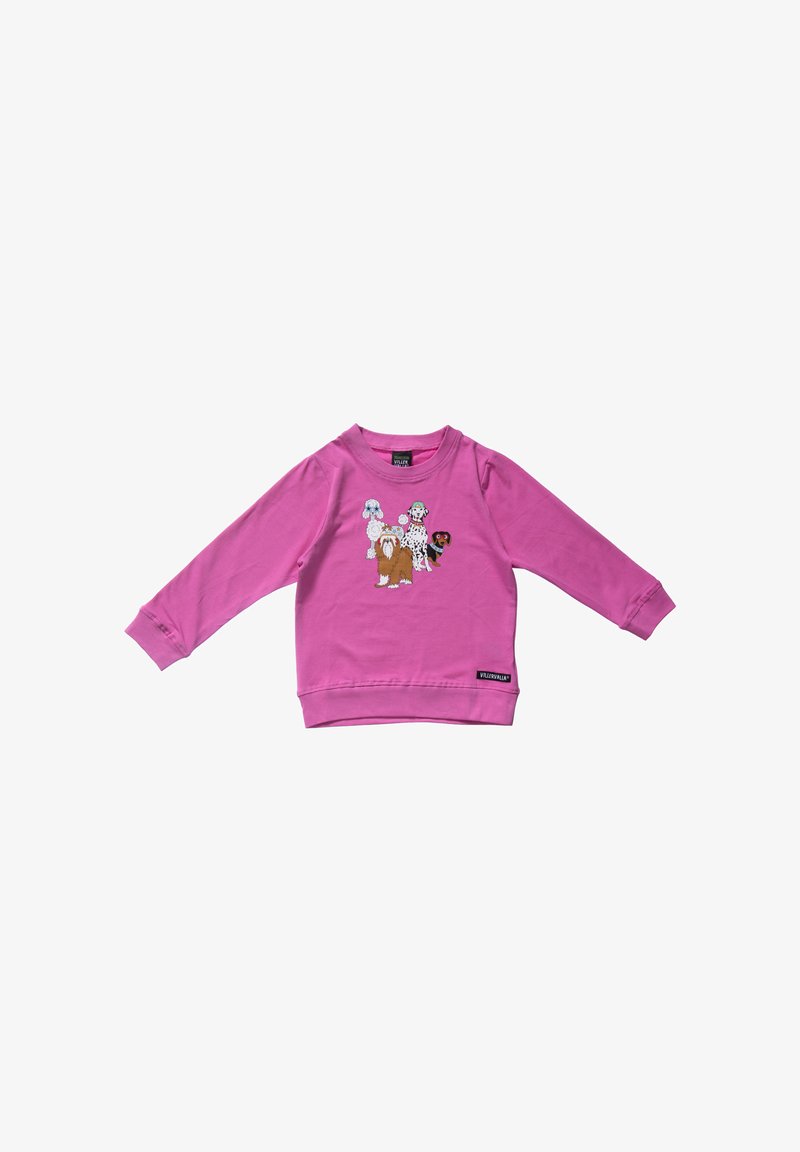 Sweat-shirt rose à manches longues pour enfants avec des illustrations de quatre races de chiens différentes sur le devant et une petite étiquette de marque près de l'ourlet.