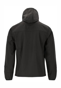 Sort softshell jakke med hætte, lange ærmer og en glat tekstur, med søm-detaljer og uden synlig hardware.