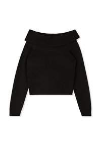 Czarny krótki sweter z dekoltem typu off-the-shoulder i długimi rękawami, charakteryzujący się gładką dzianiną.