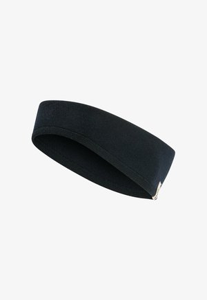 Bandeau élastique noir, fabriqué en tissu doux avec une texture lisse. Possède une étiquette logo à une extrémité, des bords arrondis et un design en boucle continue.