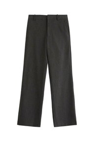 Pantaloni larghi grigio scuro realizzati in un tessuto texturizzato, dotati di due tasche frontali e di una chiusura dritta con passanti per cintura.