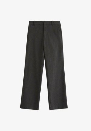 Mørkegrå vidde bukser lavet af et tekstureret stof, med to frontlommer og lige snit med bæltestropper.