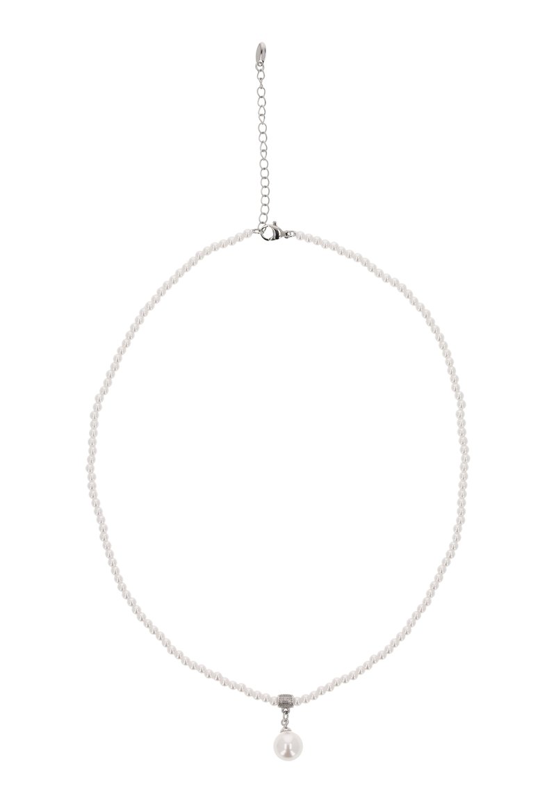Biała perłowa necklace z skręconym koralikowaniem, z pojedynczą zawieszką w formie perły oraz metalowym zapięciem, wykończona regulowanym łańcuszkiem.