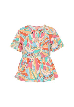 Blouse met korte mouwen met meerkleurige abstracte patronen in pastelroze, oranje, blauw en groen, voorzien van een ruches taille en kraag met tasselstrikken.