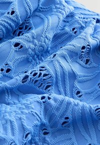 Hellblauer Stoff mit filigranen Stickmustern und Ausschnittdetails, die der Materialoberfläche Textur und Tiefe verleihen.