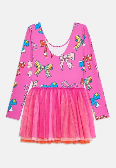 Long-sleeve dress with a pink base, featuring colorful bow prints, a scoop neckline, and a layered tulle skirt in varying shades of pink.