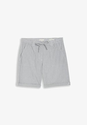 Hellgraue Shorts mit dünnen vertikalen weißen Streifen, Vordertaschen, Gürtelschlaufen und gebundenem Kordelzugbund, am Saum umgeschlagen.