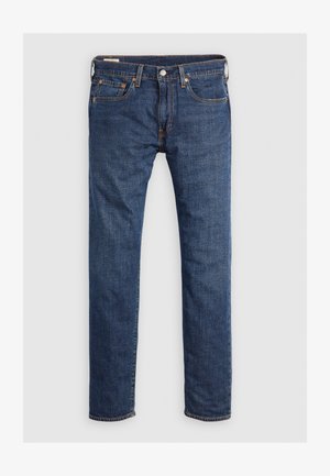 Dunkelblaue Jeans aus Denim mit geradem Schnitt, ausgestattet mit einem Knopfverschluss, fünf Taschen und kontrastierenden orangen Nähten.