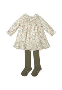 Vestido de crema claro con estampado floral, cuello con volantes y mangas largas, combinado con leotardos verde caqui. Tejido elegante y suave con detalles bordados.