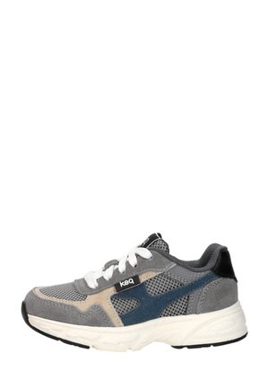 Grijze en blauwe sportschoen met witte veters, meshpanelen, suède overlays, zwarte hieltab en witte zool met zwarte grip.