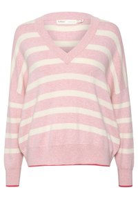 Pull rose et blanc à rayures avec un col en V, coupe ample et épaules tombantes. Manches à bords côtelés et ourlet avec un accent rose uni.