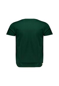 Korte mouwen, ronde hals t-shirt van donkergroene katoen. Kenmerkt zich door een rechte snit en een klein logo-label aan de zijnaad.