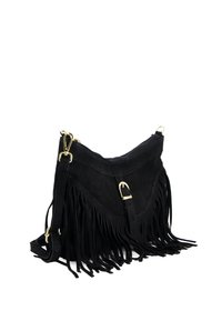Sort ruskindshåndtaske med frynser i bunden, lynlåslukning, guldhardware detaljer og justerbar skulderrem.