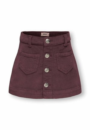 Mini-jupe en velours côtelé violet foncé avec boutons métalliques sur le devant, deux poches plaquées et passants pour ceinture.