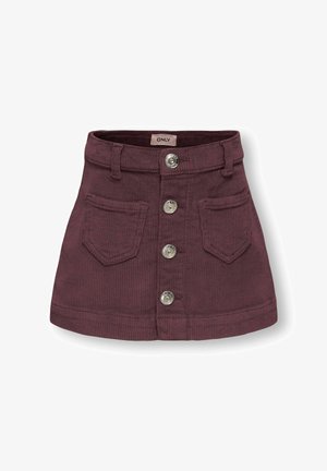 Mini-jupe en velours côtelé violet foncé avec boutons métalliques sur le devant, deux poches plaquées et passants pour ceinture.