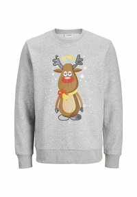 Grijze sweatshirt met een cartoon rendier print, met bruine tinten, hoornen, een rode neus en een gele vlinderdasje.