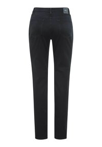 Jeans pour femmes noires avec une coupe slim, un design à cinq poches et une texture en denim lisse. Les poches arrière sont brodées de détails en triangle.