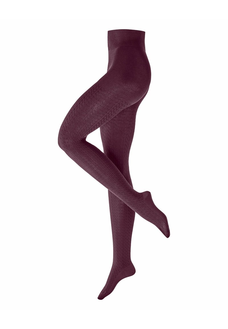 Burgundowe rajstopy o teksturze z wzorem w warkocz, z wysokim stanem i gładkim wykończeniem, odpowiednie do noszenia na warstwy lub samodzielnie.