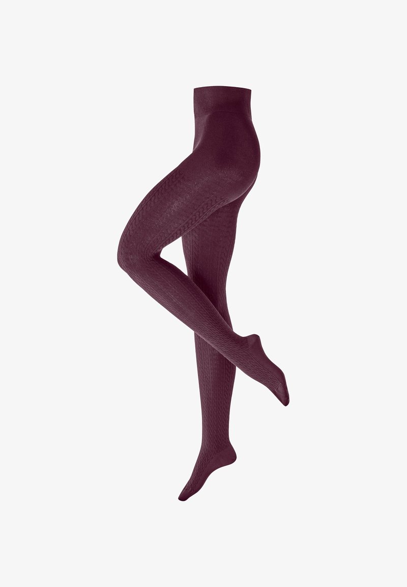 Burgundowe rajstopy o teksturze z wzorem w warkocz, z wysokim stanem i gładkim wykończeniem, odpowiednie do noszenia na warstwy lub samodzielnie.