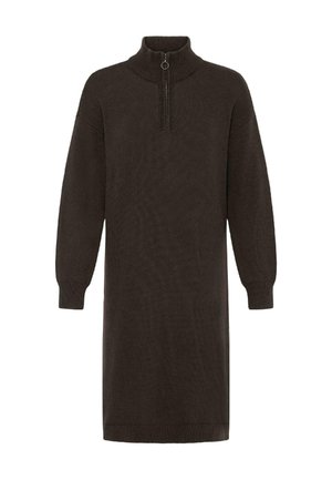 Knitted, brown dress with a high collar and half-zip closure. Long sleeves with ribbed cuffs and a straight cut to the mid-calf.