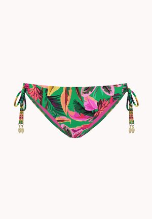 Braguita de bikini de cintura baja con estampado de hojas tropicales en verde, rosa y naranja, con lazos laterales adornados con charms dorados en forma de hoja.