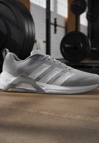 Chaussure de sport grise et blanche avec dessus en mesh et trois bandes, posée sur le sol de la salle de sport avec du matériel de musculation en arrière-plan.