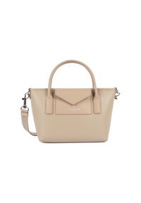 Borsa a mano in pelle texturizzata beige con manici arrotondati, tasca frontale a busta e tracolla staccabile con hardware in argento.