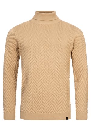 Bež turtleneck dukserica s teksturiranim uzorkom riblje kosti, rebrastim manžetama i ovratnikom, dugim rukavima i ravnim rubom.