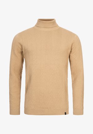 Bež turtleneck dukserica s teksturiranim uzorkom riblje kosti, rebrastim manžetama i ovratnikom, dugim rukavima i ravnim rubom.