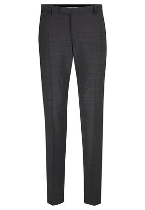 Pantalons gris foncé en tissu texturé, avec une coupe ajustée et des jambes droites, un devant plat et des passants de ceinture.