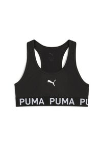 Fekete sportmelltartó versenyhát kialakítással és vastag pánttal, amelyen fehér színnel szerepel a "PUMA" felirat. Az elülső részen egy kis fehér logó található.