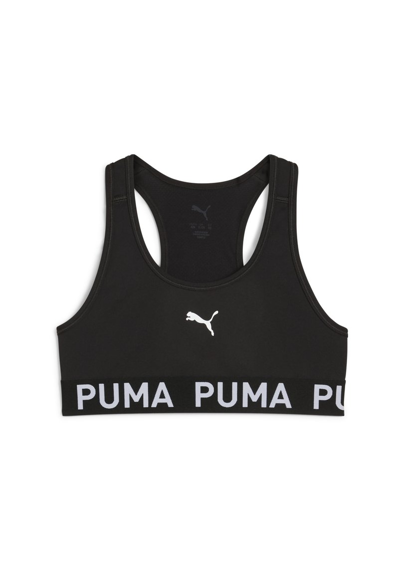 Fekete sportmelltartó versenyhát kialakítással és vastag pánttal, amelyen fehér színnel szerepel a "PUMA" felirat. Az elülső részen egy kis fehér logó található.