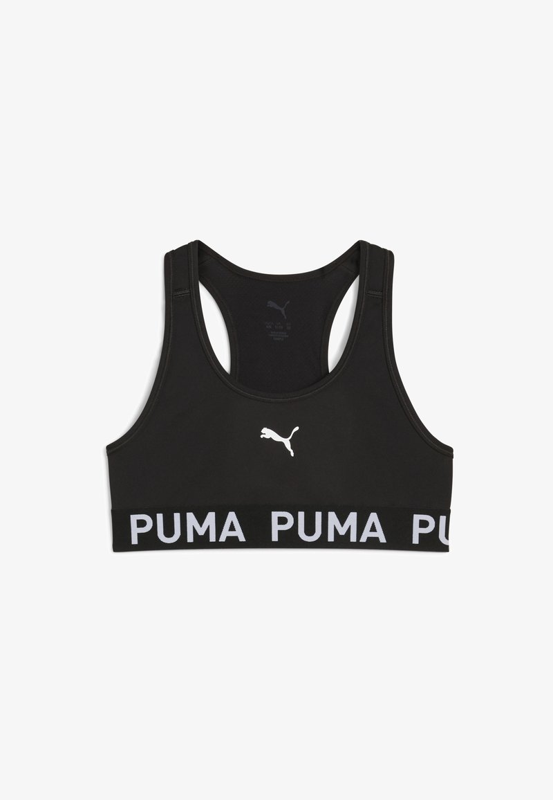 Top desportivo preto com design às costas em formato de corredor e uma faixa larga que exibe "PUMA" em branco. Apresenta um pequeno logótipo branco na frente.