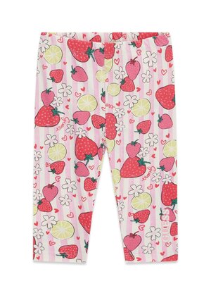 Leggings per bambini a righe rosa e bianche con fantasia di fragole rosse, fette di limone gialle, fiori bianchi e piccoli cuori rossi.
